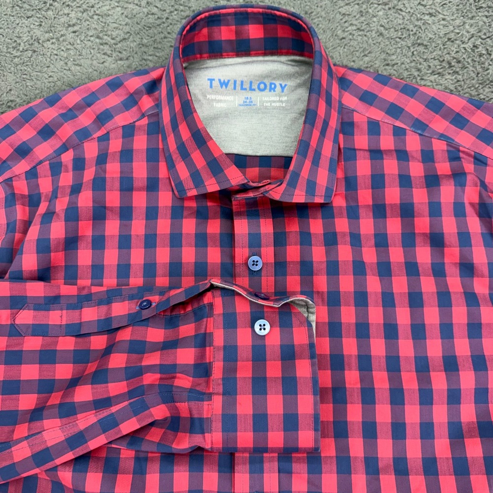 Twillory Dress Shirt Mens 18.5 34-35 Red Navy Gingham Tailored Fit Performance